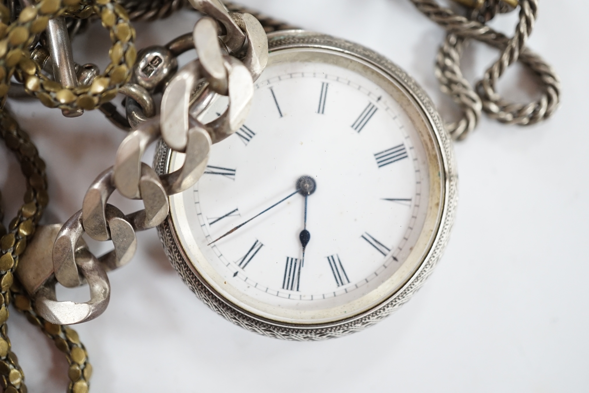 Three assorted silver pocket watches, including a hunter by Cometti, Lewes, two white metal pocket watches and two Swiss white metal fob watches, together with assorted chains including 925. Condition - poor to fair